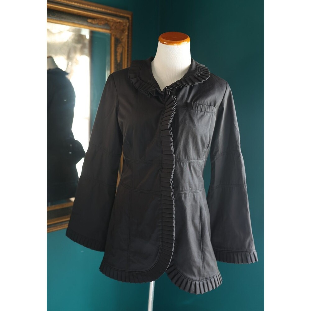 Vintage 90s Y2K Bushwacker Black Pleated Ruffle Trench Button Jacket Whimsigoth